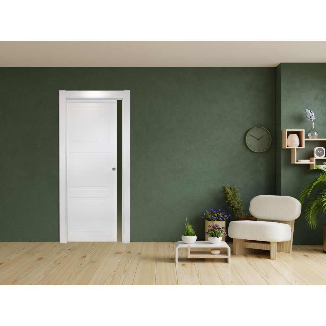 PORTA SCORREVOLE INTERNO MURO LACCATA BIANCA 3 RIQUADRI - REVERSIBILE DA 210 X 80