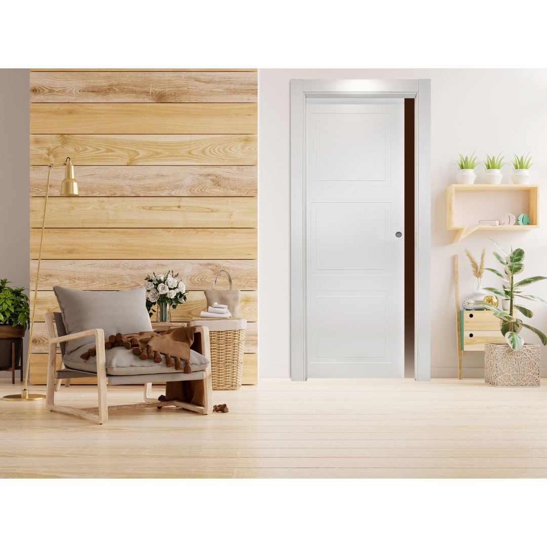 PORTA SCORREVOLE INTERNO MURO LACCATA BIANCA 3 RIQUADRI - REVERSIBILE DA 210 X 80