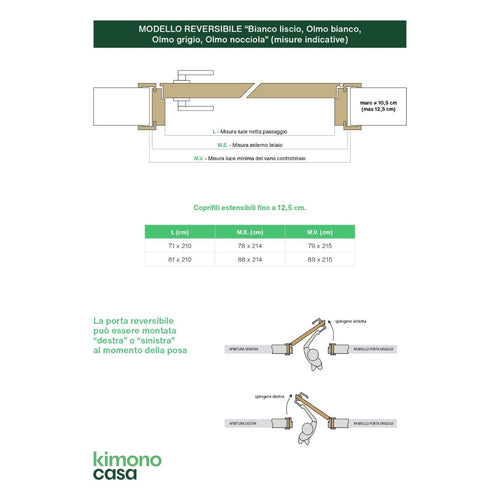 PORTA BATTENTE BIANCO LISCIO - 210 x 70 - REVERSIBILE