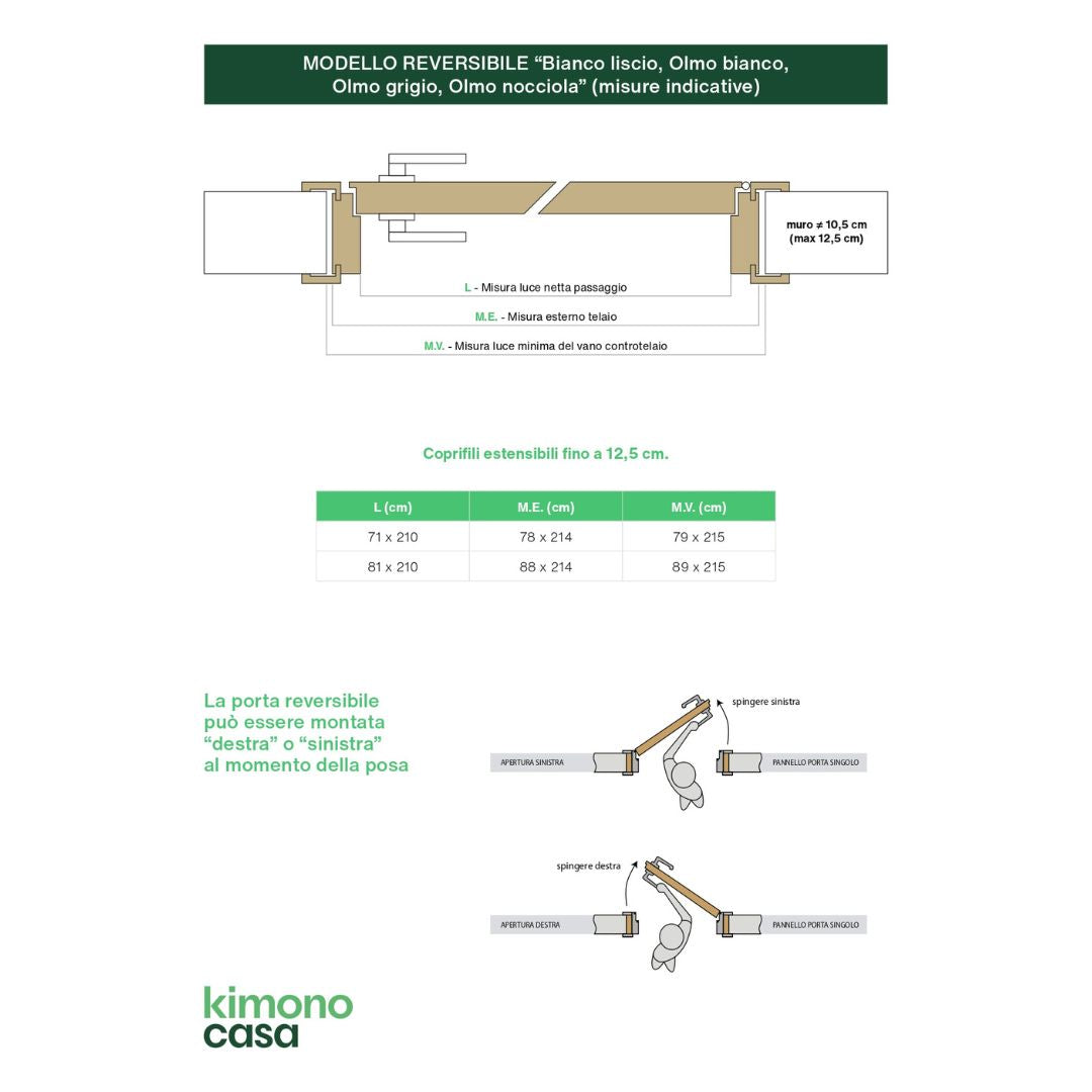PORTA BATTENTE BIANCO LISCIO - 210 x 80 - REVERSIBILE