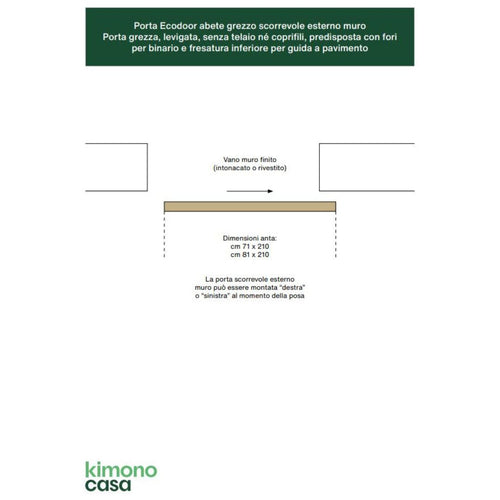 PORTA IN LEGNO DI ABETE GREZZO SCORREVOLE ESTERNO MURO - 210 x 80 - REVERSIBILE